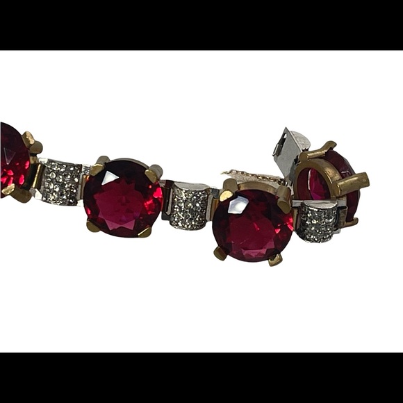 Vintage chunky brass ruby rhinestone crystal bracelet 1940s - Picture 8 of 12